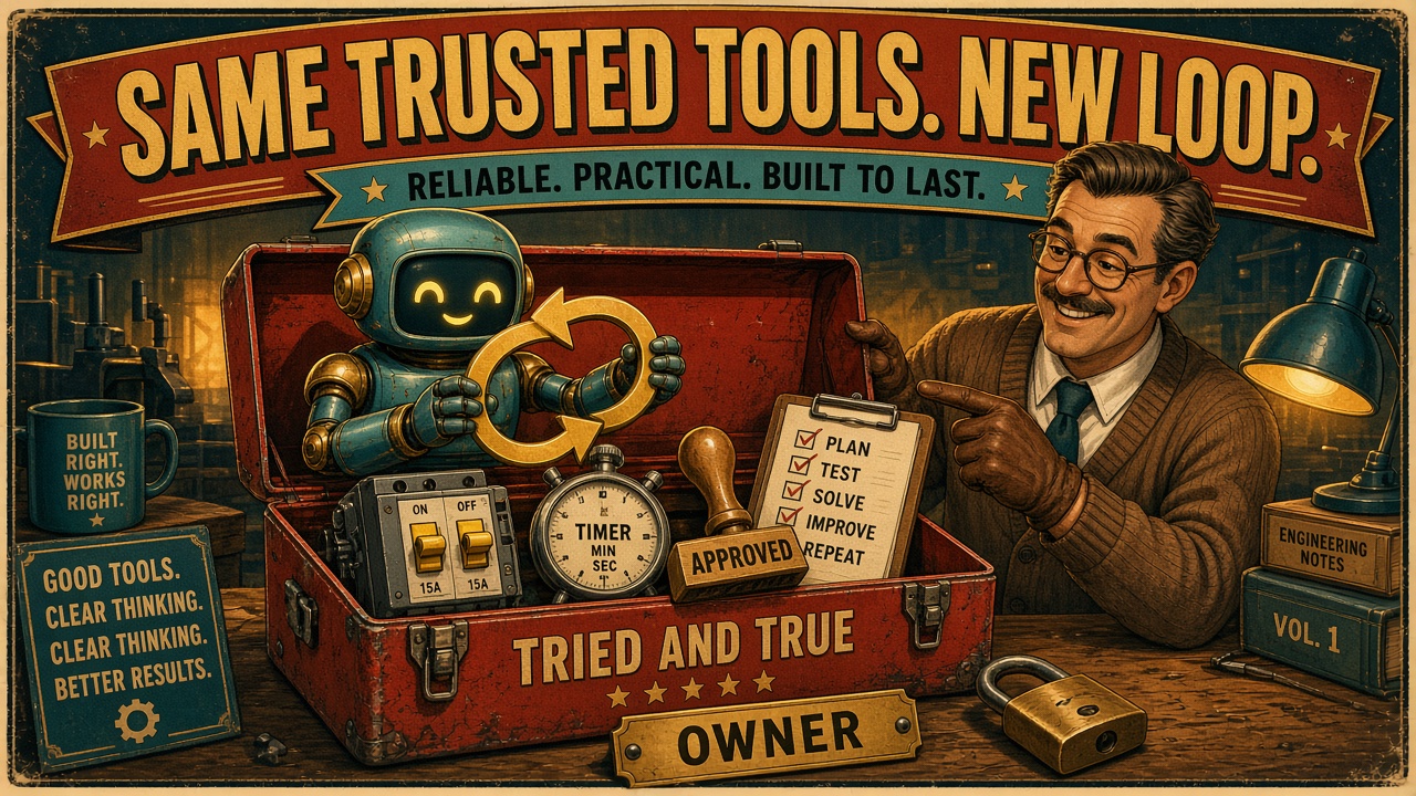 A vintage-style ad under the banner SAME TRUSTED TOOLS. NEW LOOP. shows a smiling engineer in a cardigan pointing proudly at a worn red toolbox marked TRIED AND TRUE, where a friendly robot holding a looping arrow sits among a circuit breaker, a timer, an APPROVED stamp, a checklist clipboard, a padlock, and an OWNER nameplate