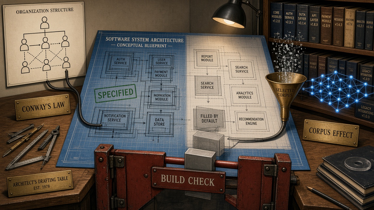 An architect's drafting table holding a software system blueprint fed by two cables, one from a wall-mounted organization chart labeled CONWAY'S LAW and one from shelves of source code volumes pouring through a funnel marked SELECTED CORPUS into a glowing neural lattice, labeled CORPUS EFFECT; the left half of the blueprint is stamped SPECIFIED in green while the right half is faint gray boxes stamped FILLED BY DEFAULT, with a red steel gate labeled BUILD CHECK standing across the near edge