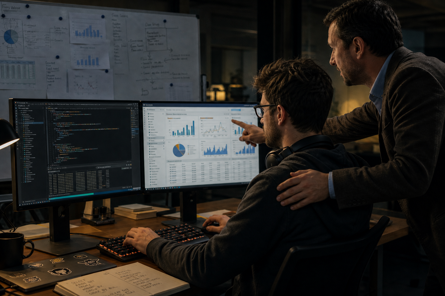 A business user stands at a developer's shoulder, pointing at a dashboard of charts while the other monitor shows analytics code in an IDE