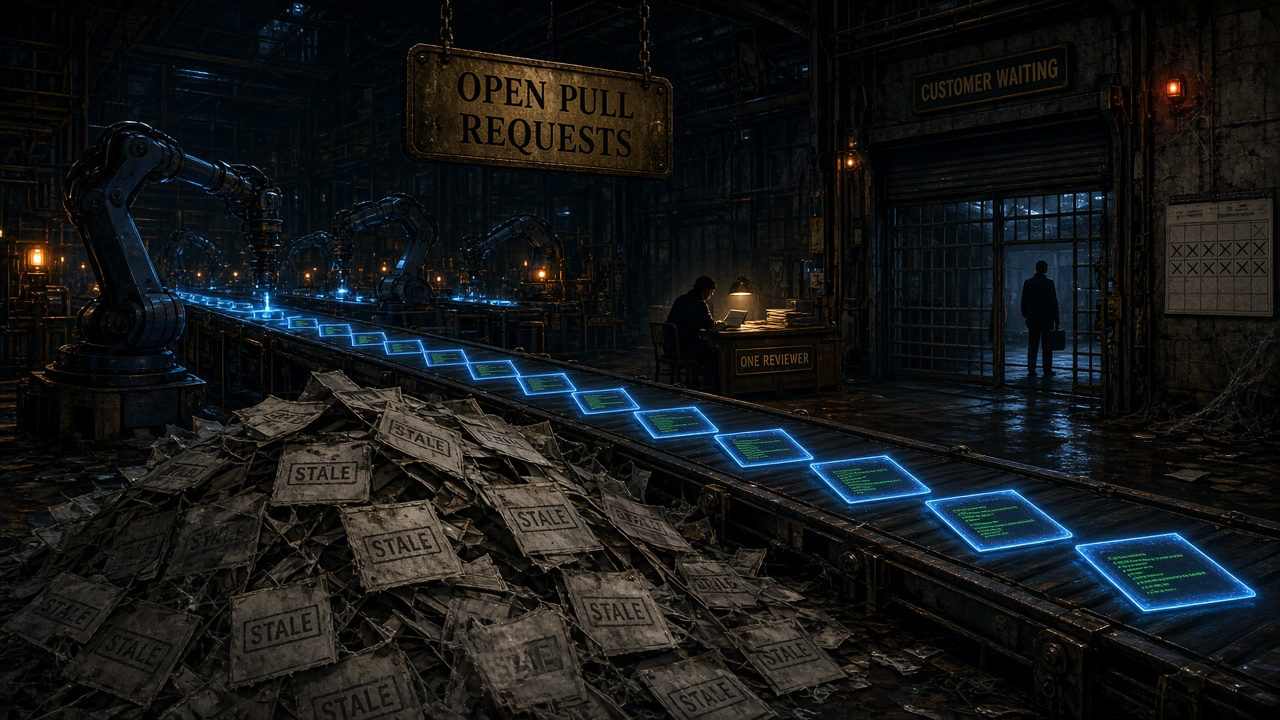 A lights-off factory at night where robotic arms stamp glowing pull request cards onto a conveyor belt under a sign reading OPEN PULL REQUESTS, the cards piling up into a cobwebbed heap stamped STALE, while a single engineer at a desk marked ONE REVIEWER works through one card and a customer stands outside a barred gate marked CUSTOMER WAITING