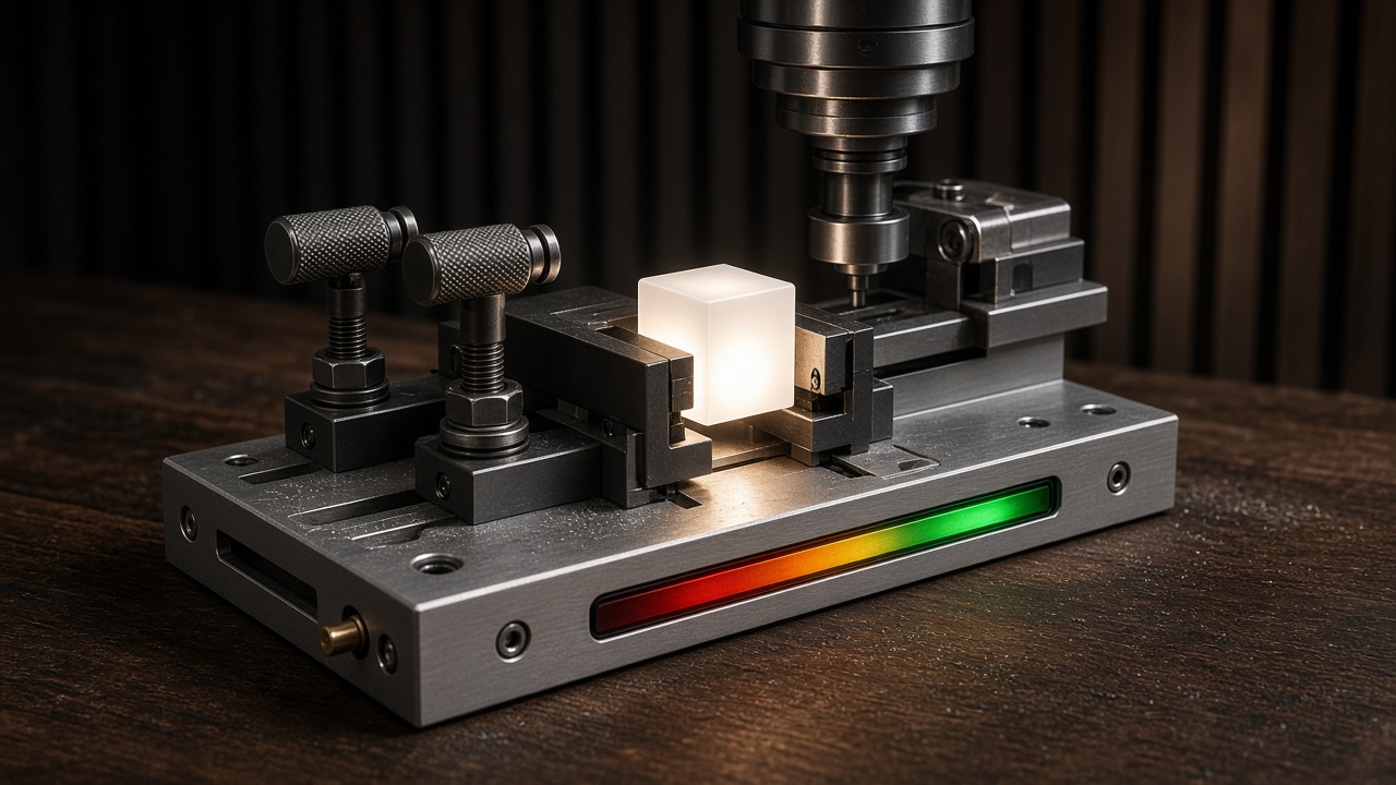 A machined aluminum jig on a workbench, clamps holding a softly glowing cube while a cutting tool rides a guide rail, with a red-to-green indicator strip milled into the fixture plate