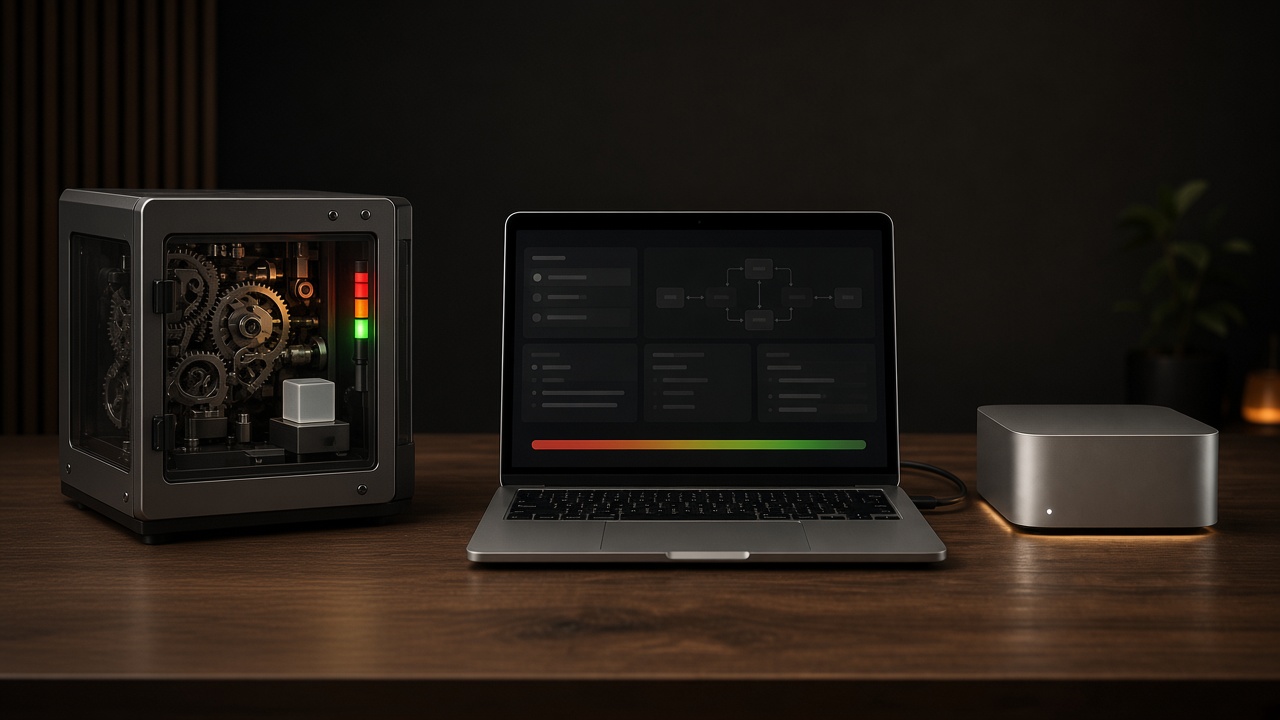 A machined runtime on a desk, gears and a red-to-green gate around a small glowing cube, beside a laptop showing a workflow and a local machine