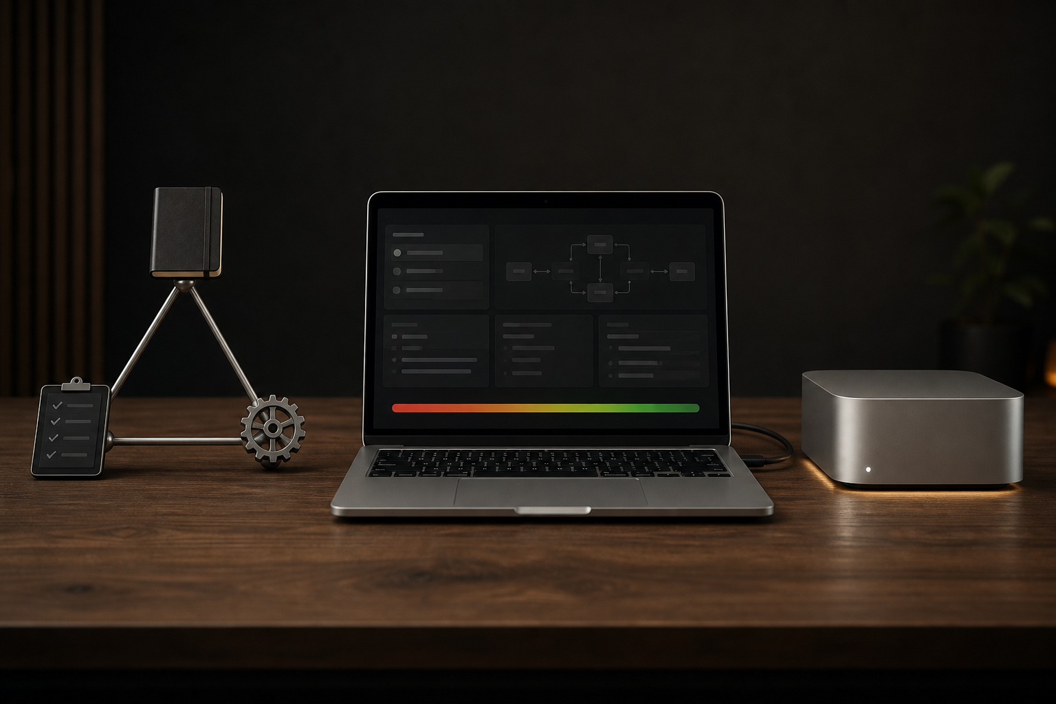 A laptop on a desk running a local spec-driven loop: a spec-tests-code triangle on one side, a local machine on the other, and a test bar going from red to green